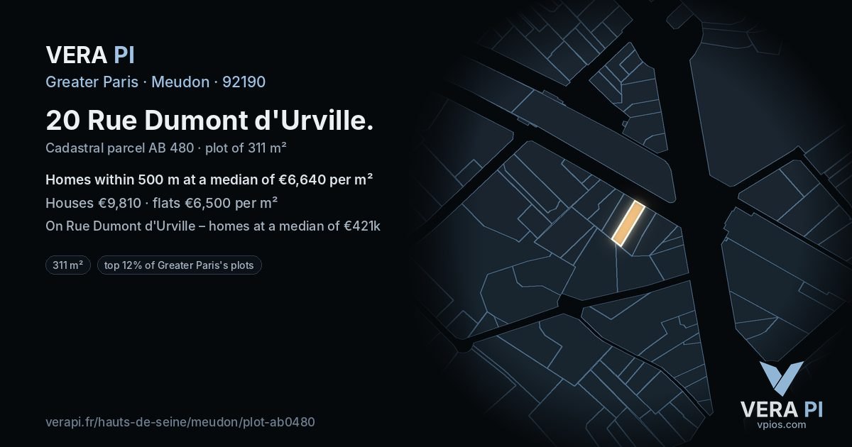 20 Rue Dumont d'Urville, Meudon at night – the plot lit, the parcels around coloured by the prices near them