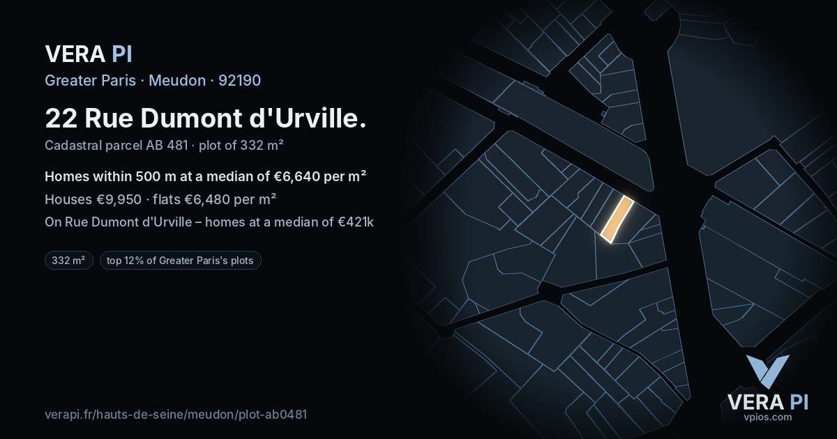 22 Rue Dumont d'Urville, Meudon at night – the plot lit, the parcels around coloured by the prices near them