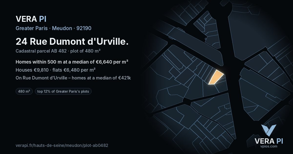 24 Rue Dumont d'Urville, Meudon at night – the plot lit, the parcels around coloured by the prices near them