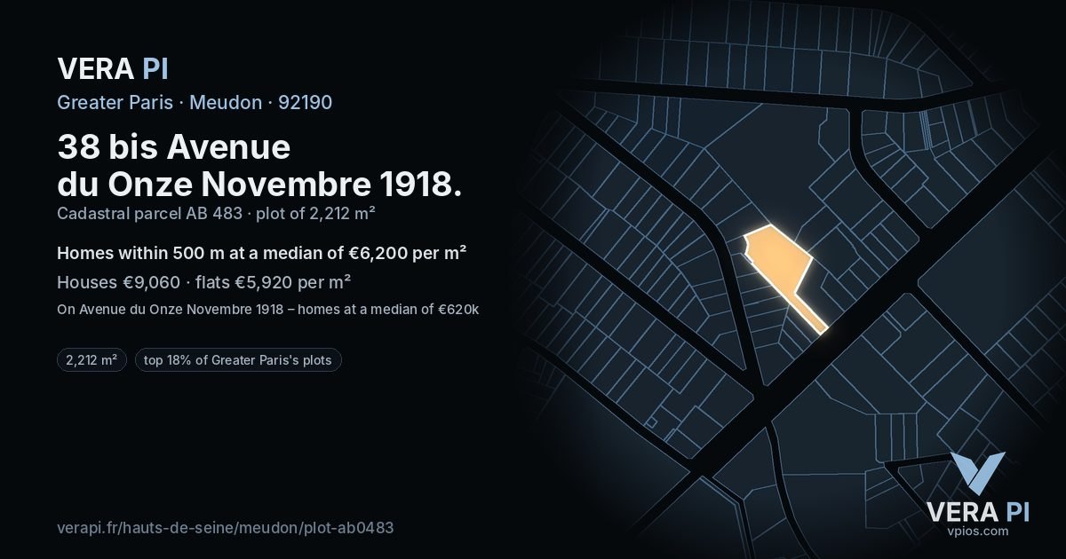 38 bis Avenue du Onze Novembre 1918, Meudon at night – the plot lit, the parcels around coloured by the prices near them