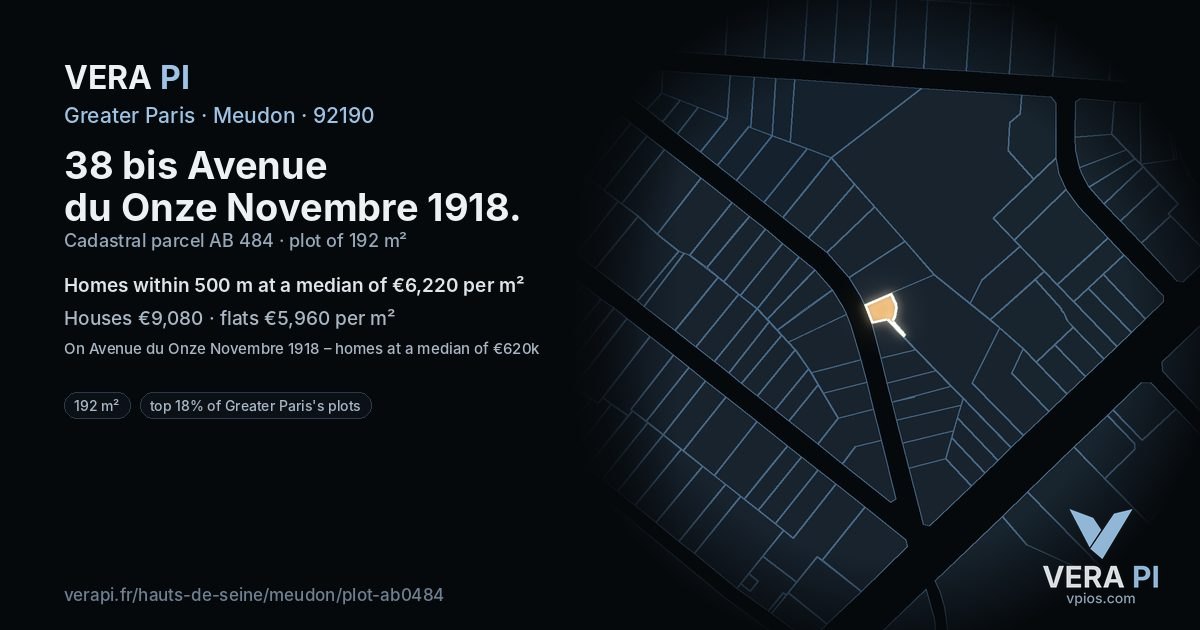 38 bis Avenue du Onze Novembre 1918, Meudon at night – the plot lit, the parcels around coloured by the prices near them