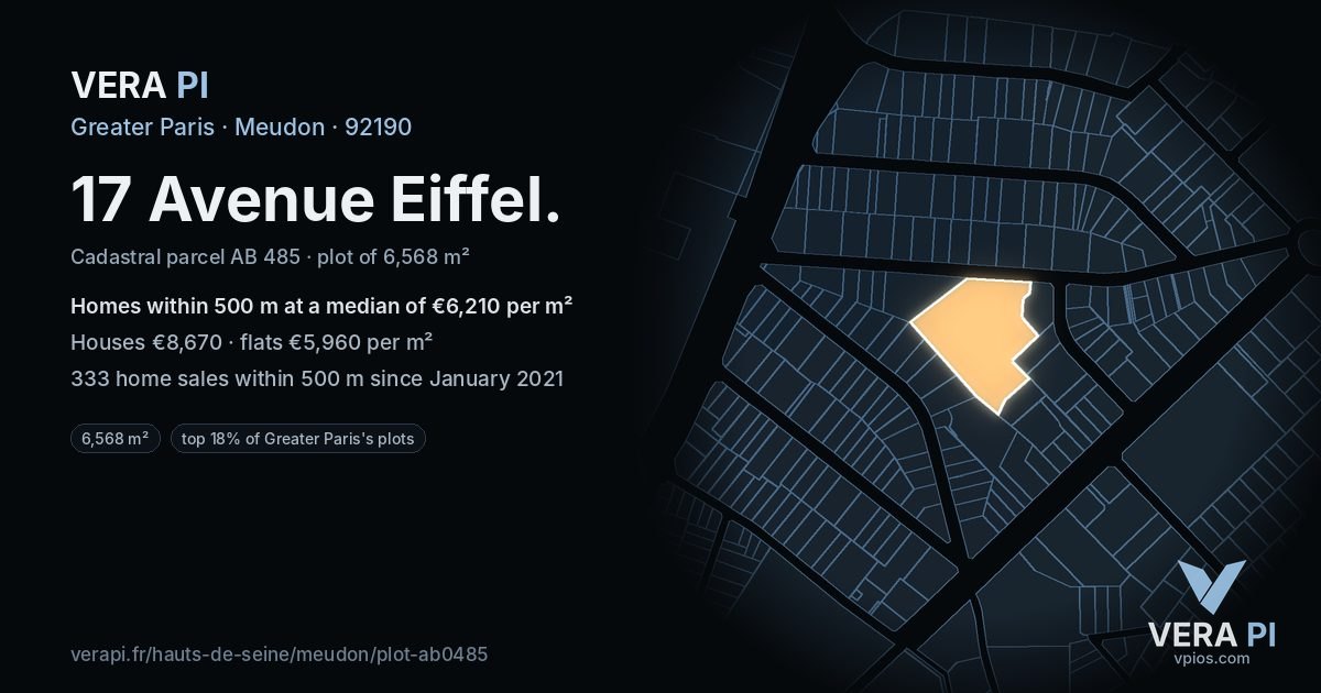 17 Avenue Eiffel, Meudon at night – the plot lit, the parcels around coloured by the prices near them
