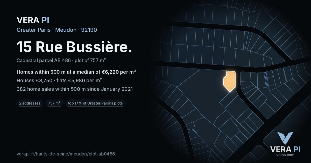 15 Rue Bussière, Meudon at night – the plot lit, the parcels around coloured by the prices near them