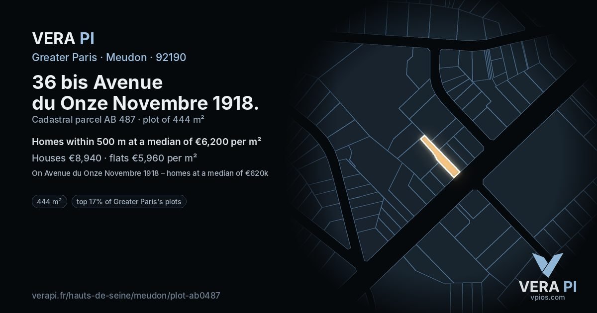 36 bis Avenue du Onze Novembre 1918, Meudon at night – the plot lit, the parcels around coloured by the prices near them