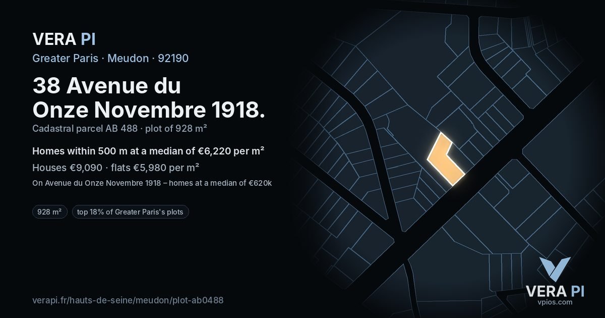 38 Avenue du Onze Novembre 1918, Meudon at night – the plot lit, the parcels around coloured by the prices near them