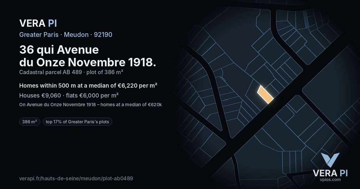 36 qui Avenue du Onze Novembre 1918, Meudon at night – the plot lit, the parcels around coloured by the prices near them