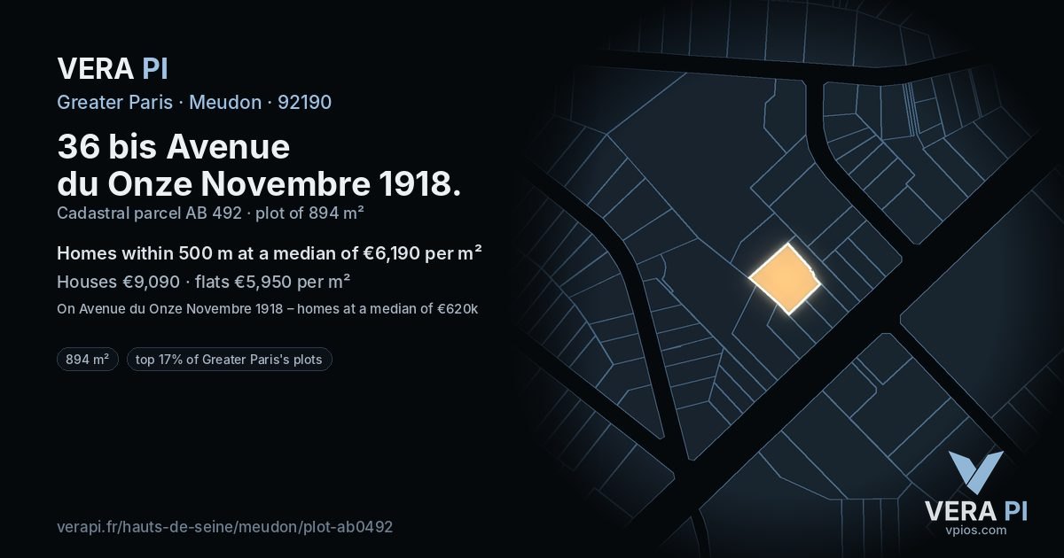 36 bis Avenue du Onze Novembre 1918, Meudon at night – the plot lit, the parcels around coloured by the prices near them