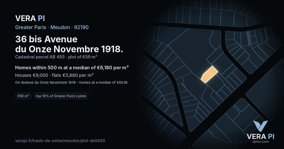 36 bis Avenue du Onze Novembre 1918, Meudon at night – the plot lit, the parcels around coloured by the prices near them