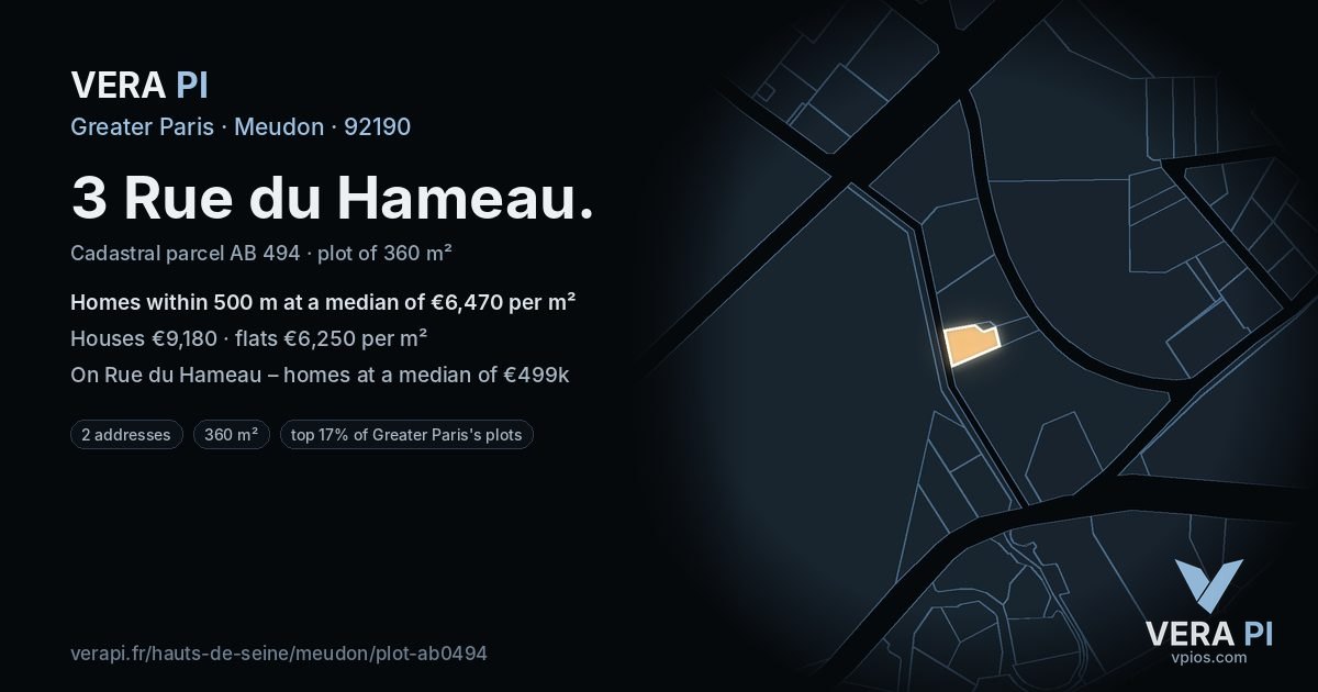 3 Rue du Hameau, Meudon at night – the plot lit, the parcels around coloured by the prices near them