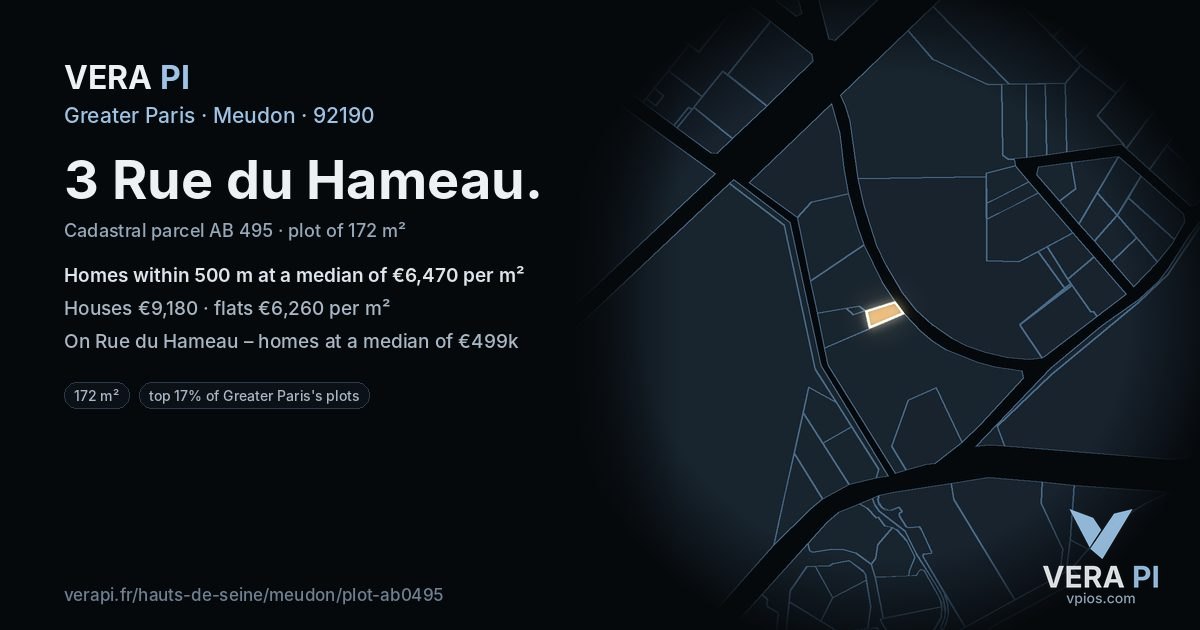 3 Rue du Hameau, Meudon at night – the plot lit, the parcels around coloured by the prices near them