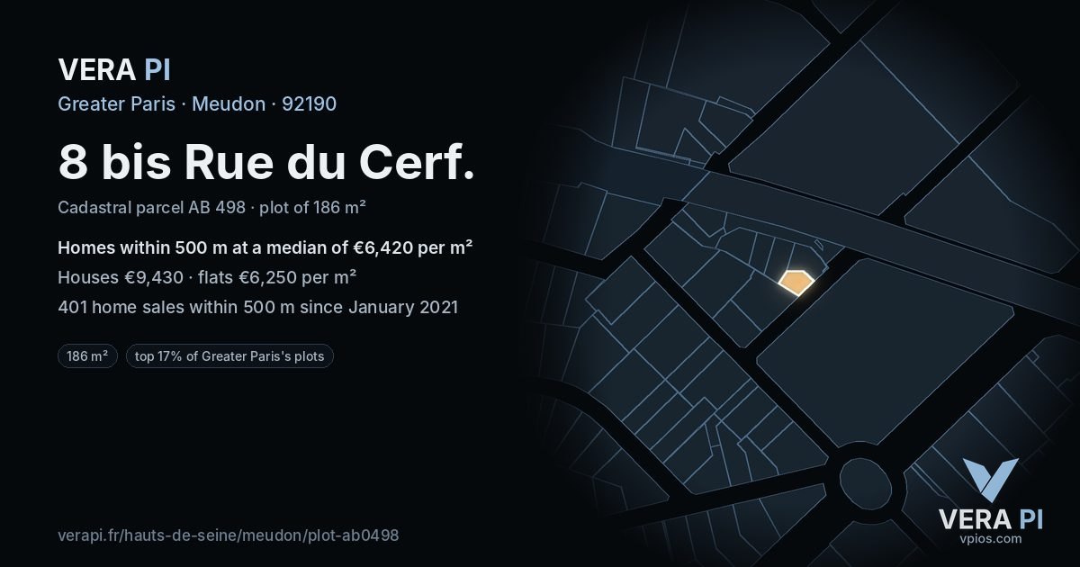 8 bis Rue du Cerf, Meudon at night – the plot lit, the parcels around coloured by the prices near them