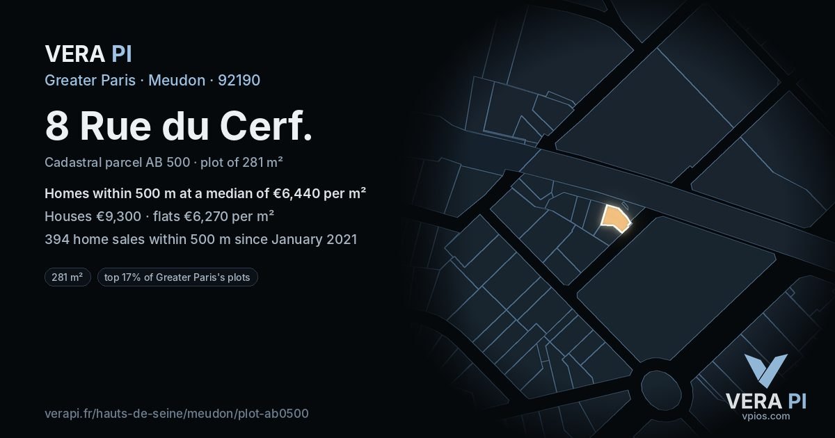 8 Rue du Cerf, Meudon at night – the plot lit, the parcels around coloured by the prices near them
