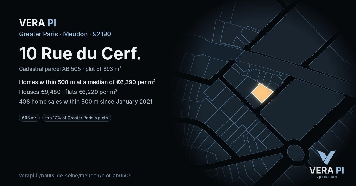 10 Rue du Cerf, Meudon at night – the plot lit, the parcels around coloured by the prices near them