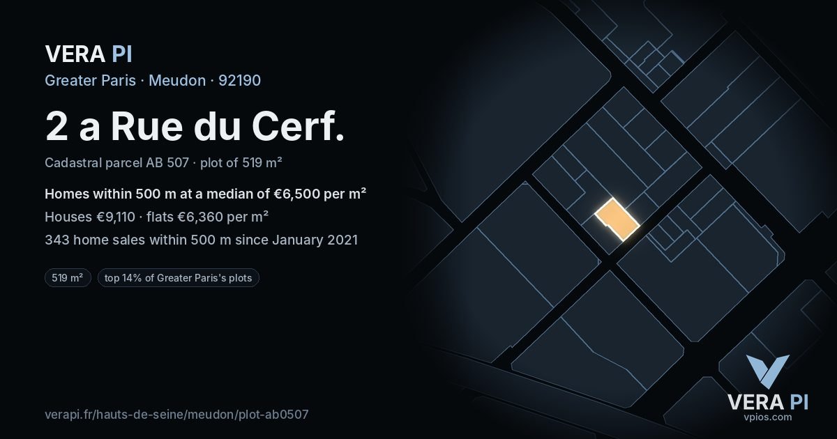 2 a Rue du Cerf, Meudon at night – the plot lit, the parcels around coloured by the prices near them