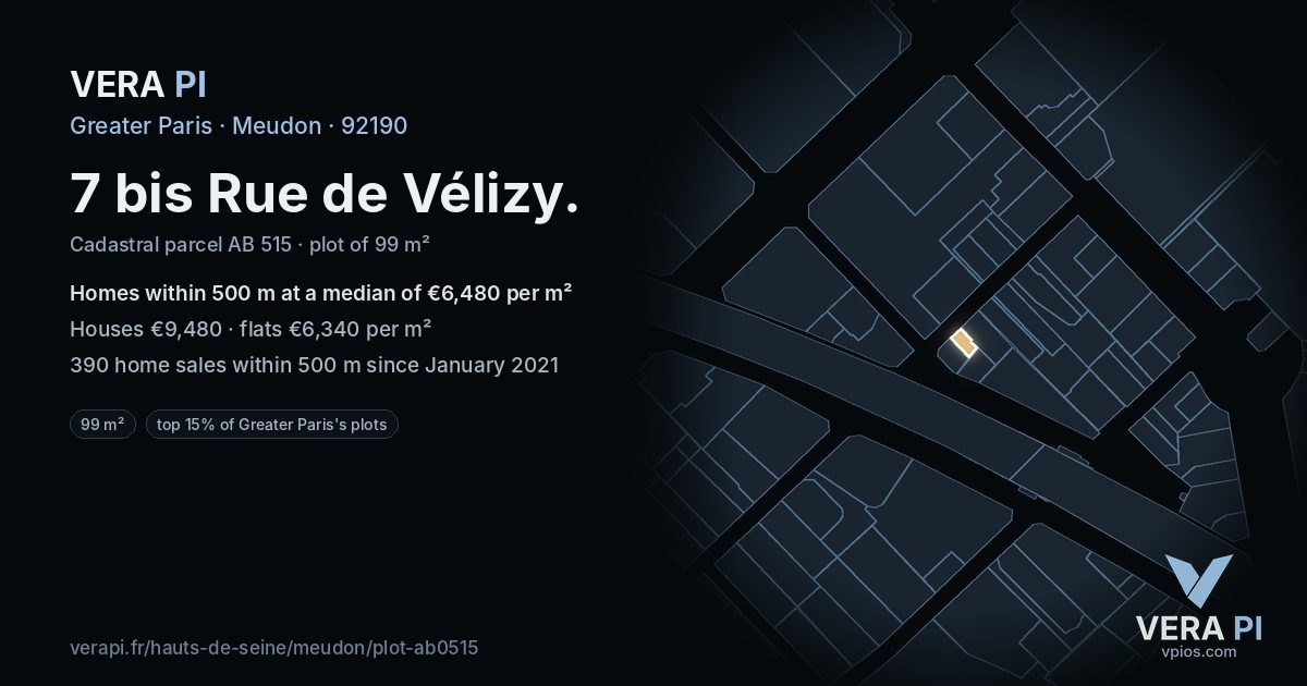 7 bis Rue de Vélizy, Meudon at night – the plot lit, the parcels around coloured by the prices near them