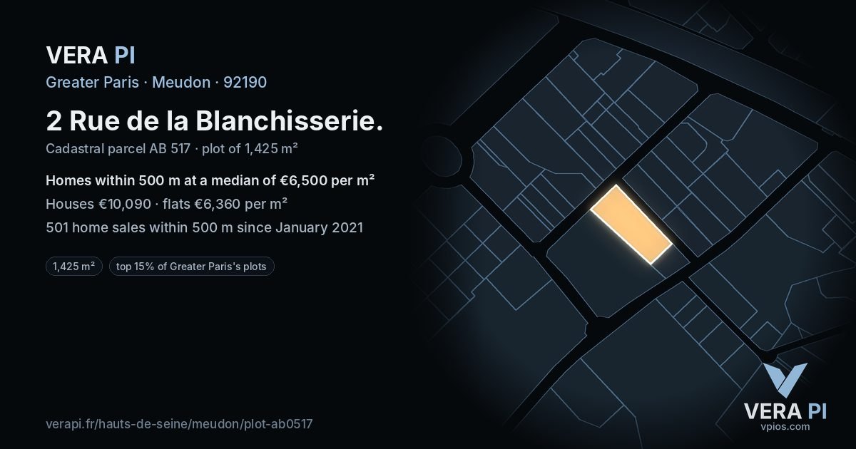 2 Rue de la Blanchisserie, Meudon at night – the plot lit, the parcels around coloured by the prices near them