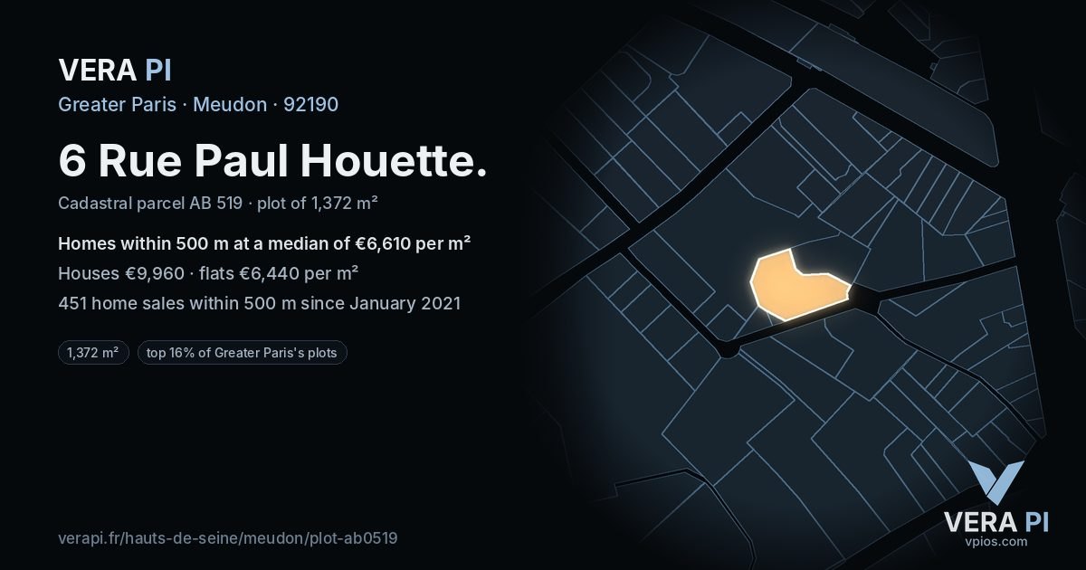 6 Rue Paul Houette, Meudon at night – the plot lit, the parcels around coloured by the prices near them