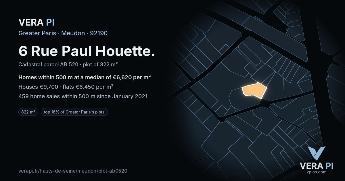 6 Rue Paul Houette, Meudon at night – the plot lit, the parcels around coloured by the prices near them