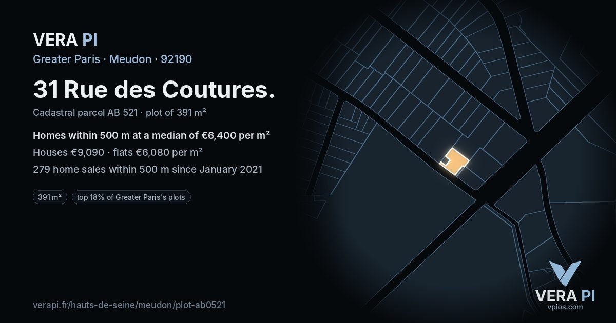 31 Rue des Coutures, Meudon at night – the plot lit, the parcels around coloured by the prices near them