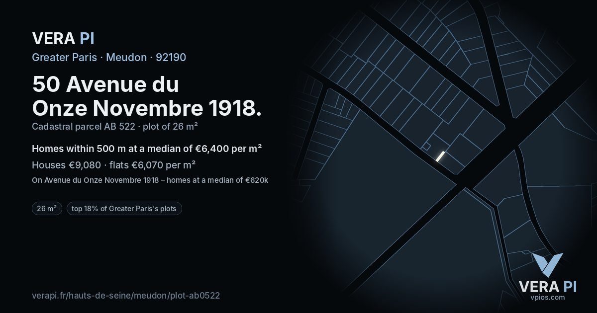 50 Avenue du Onze Novembre 1918, Meudon at night – the plot lit, the parcels around coloured by the prices near them