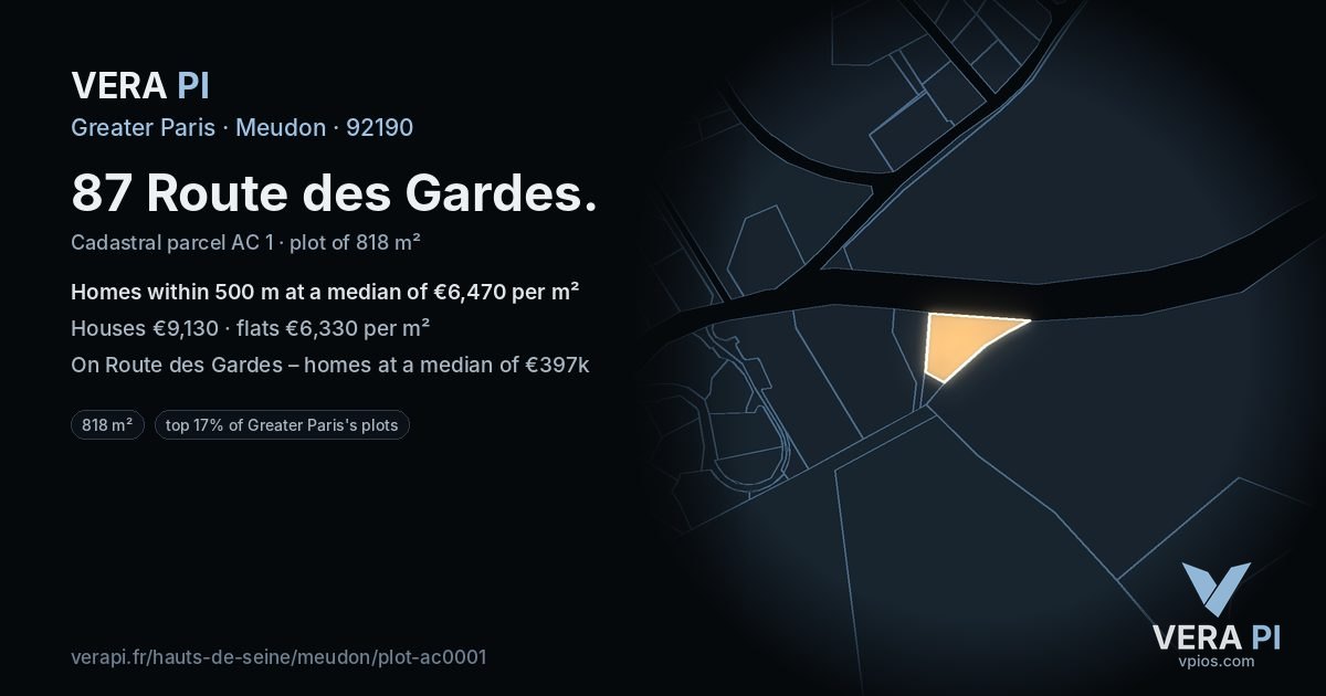 87 Route des Gardes, Meudon at night – the plot lit, the parcels around coloured by the prices near them