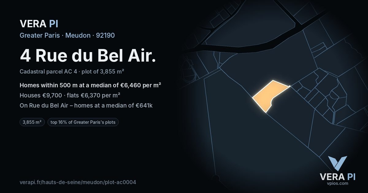4 Rue du Bel Air, Meudon at night – the plot lit, the parcels around coloured by the prices near them