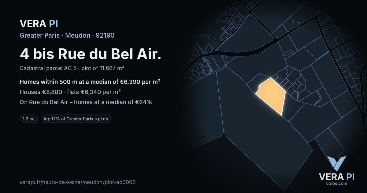 4 bis Rue du Bel Air, Meudon at night – the plot lit, the parcels around coloured by the prices near them
