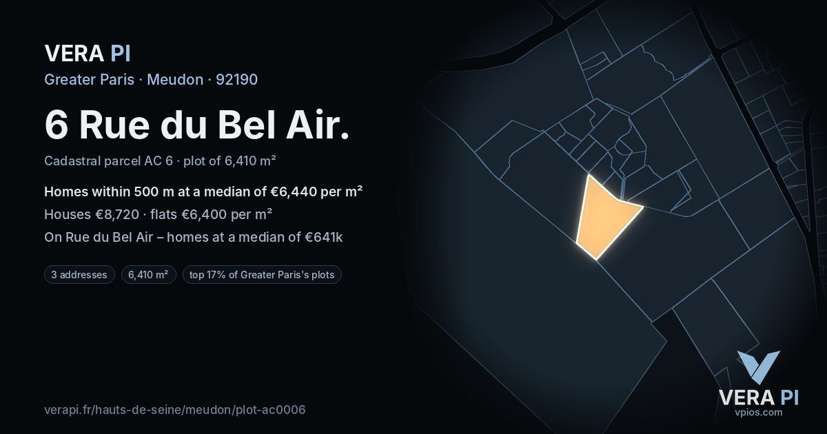 6 Rue du Bel Air, Meudon at night – the plot lit, the parcels around coloured by the prices near them