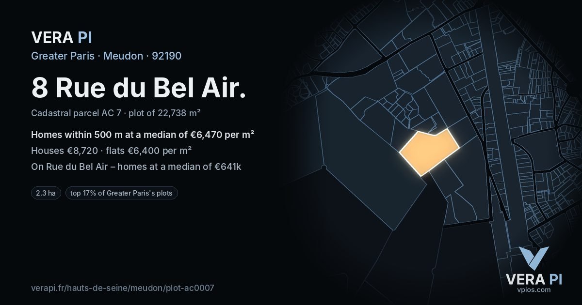 8 Rue du Bel Air, Meudon at night – the plot lit, the parcels around coloured by the prices near them