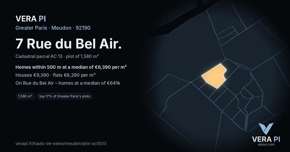 7 Rue du Bel Air, Meudon at night – the plot lit, the parcels around coloured by the prices near them