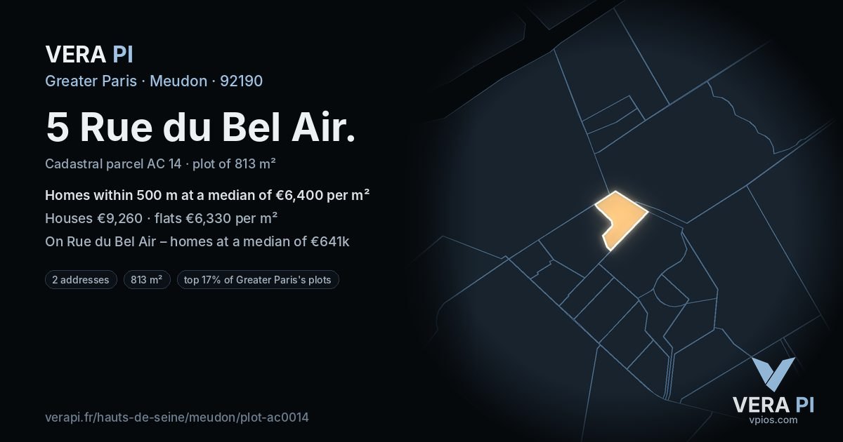 5 Rue du Bel Air, Meudon at night – the plot lit, the parcels around coloured by the prices near them
