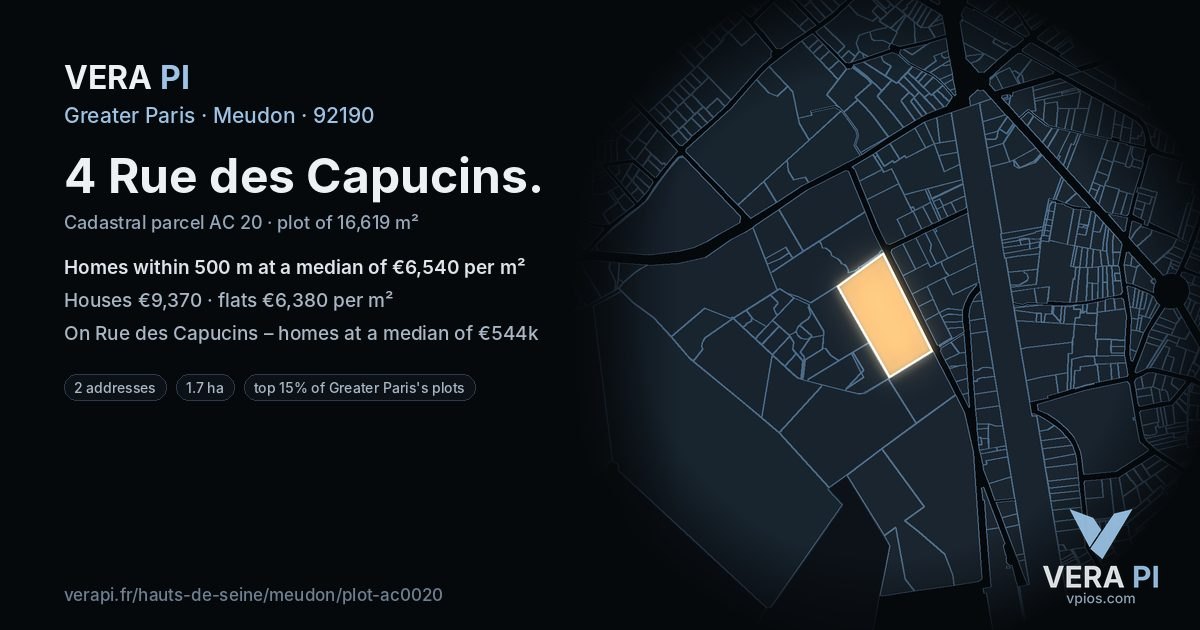 4 Rue des Capucins, Meudon at night – the plot lit, the parcels around coloured by the prices near them