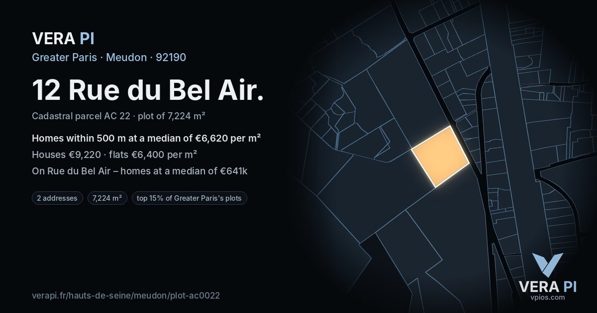 12 Rue du Bel Air, Meudon at night – the plot lit, the parcels around coloured by the prices near them