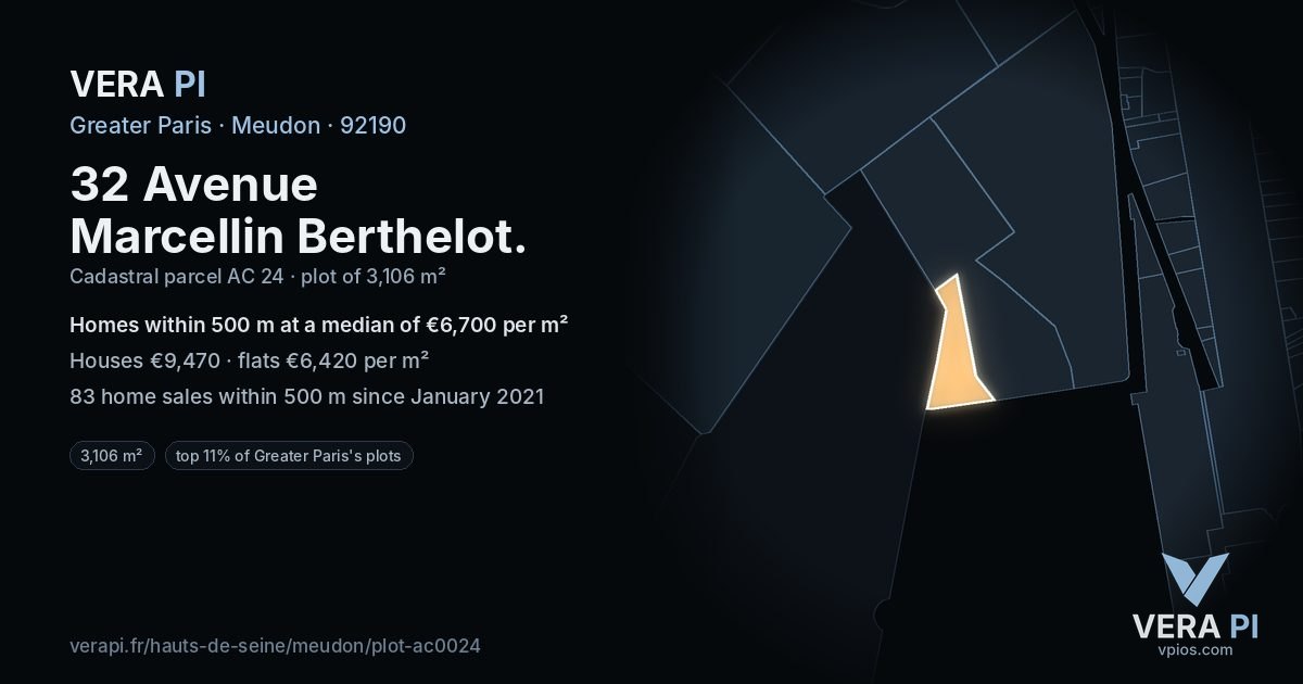 32 Avenue Marcellin Berthelot, Meudon at night – the plot lit, the parcels around coloured by the prices near them