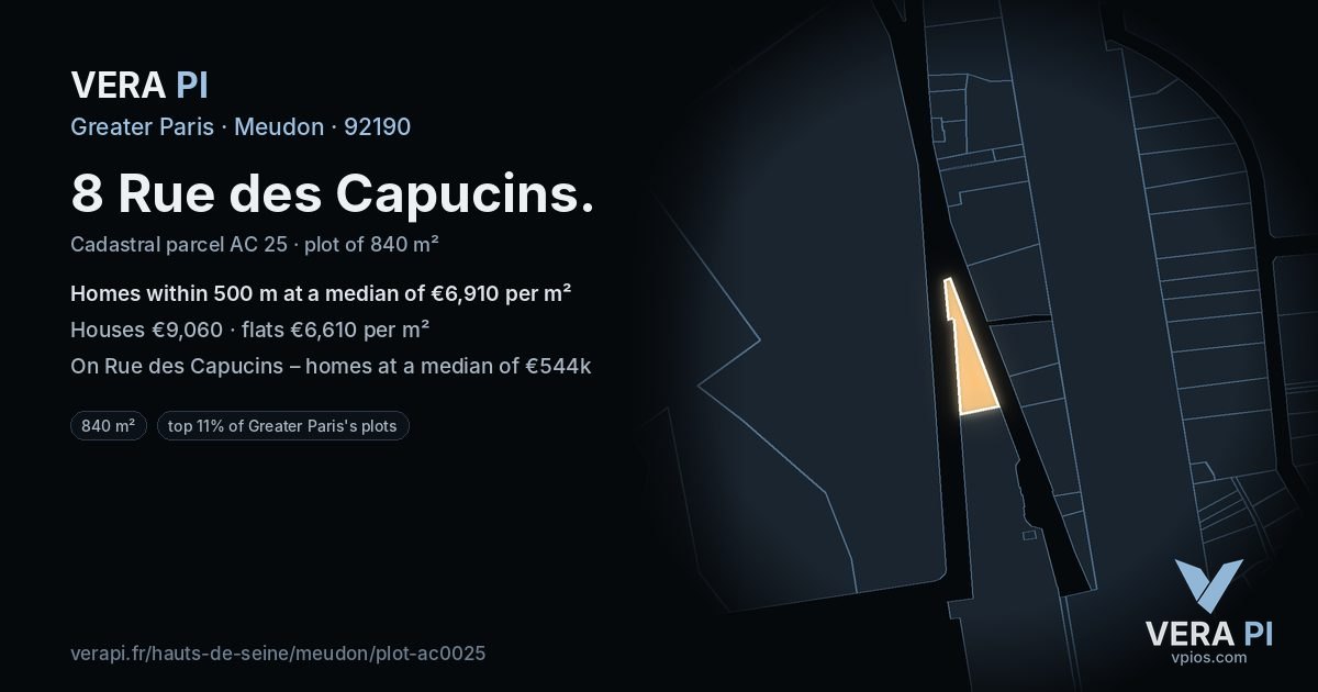8 Rue des Capucins, Meudon at night – the plot lit, the parcels around coloured by the prices near them