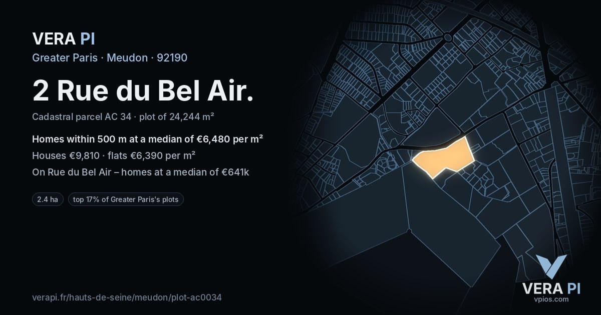 2 Rue du Bel Air, Meudon at night – the plot lit, the parcels around coloured by the prices near them