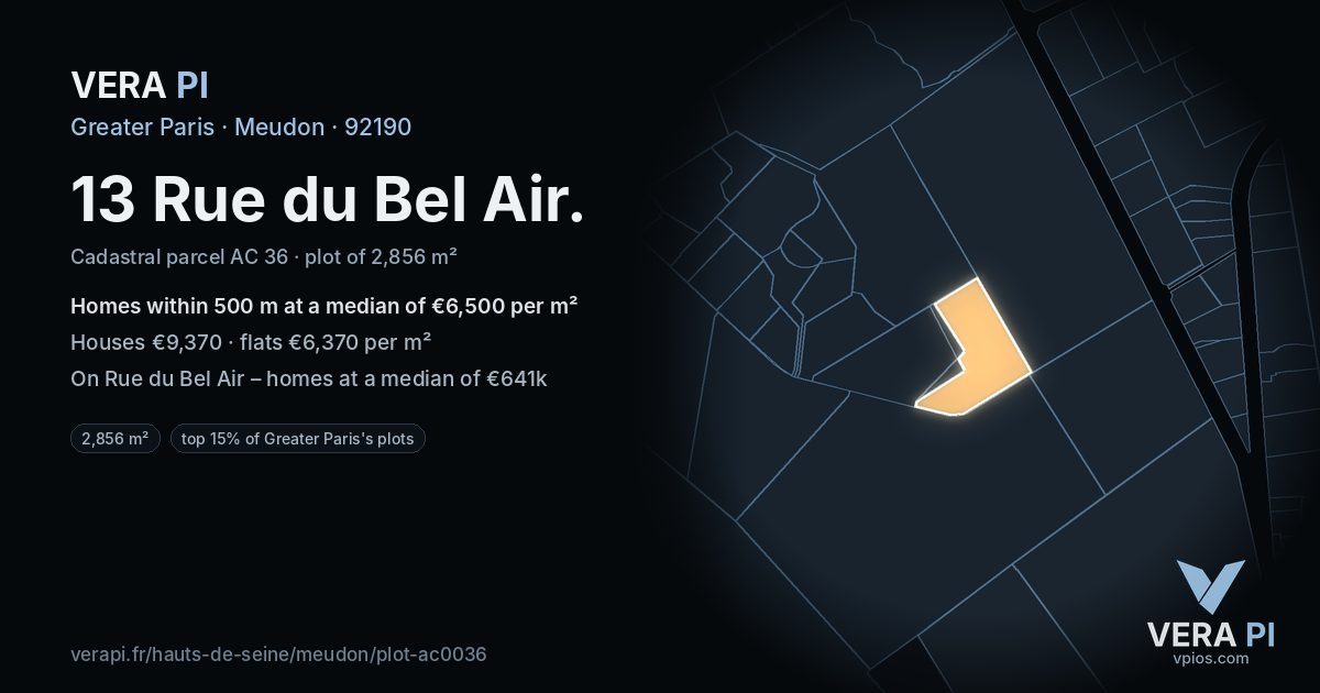13 Rue du Bel Air, Meudon at night – the plot lit, the parcels around coloured by the prices near them