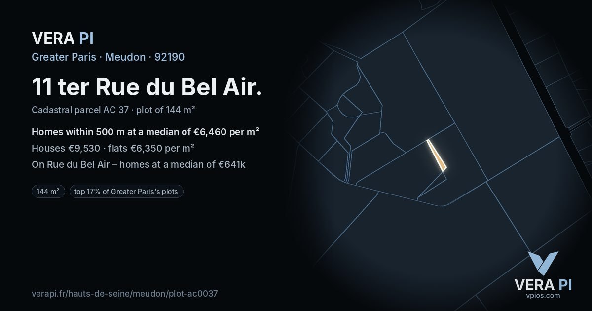 11 ter Rue du Bel Air, Meudon at night – the plot lit, the parcels around coloured by the prices near them