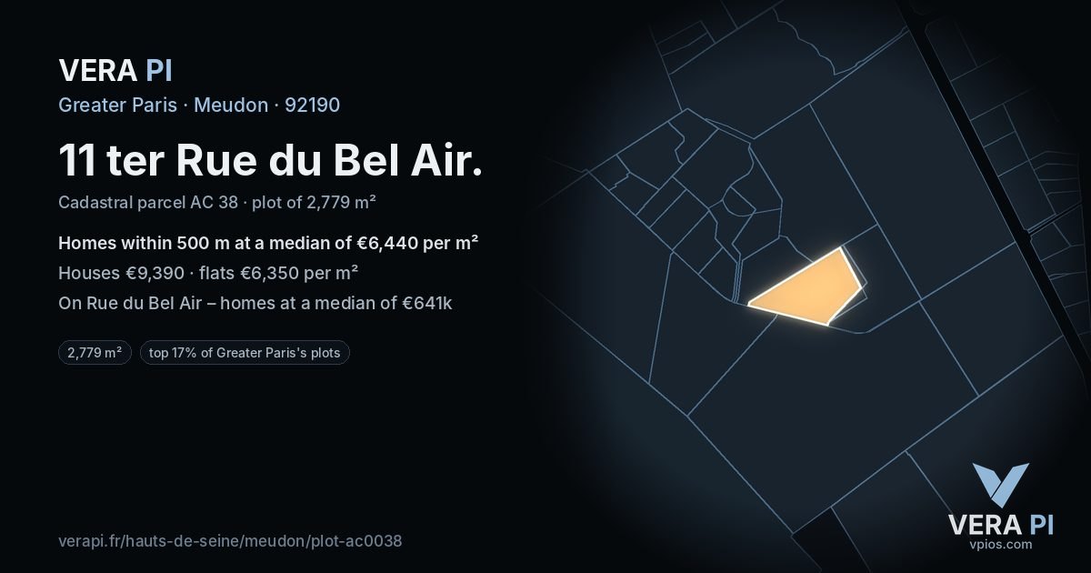 11 ter Rue du Bel Air, Meudon at night – the plot lit, the parcels around coloured by the prices near them