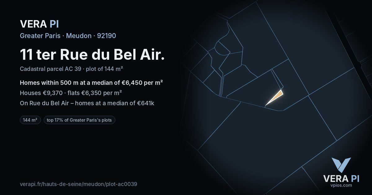 11 ter Rue du Bel Air, Meudon at night – the plot lit, the parcels around coloured by the prices near them