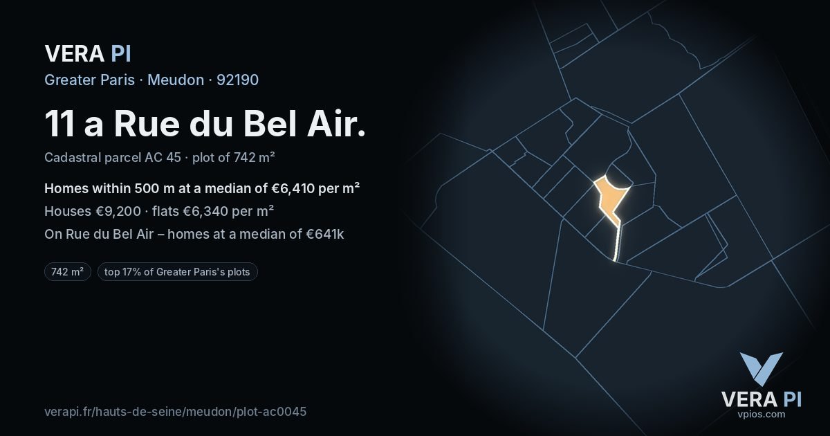 11 a Rue du Bel Air, Meudon at night – the plot lit, the parcels around coloured by the prices near them