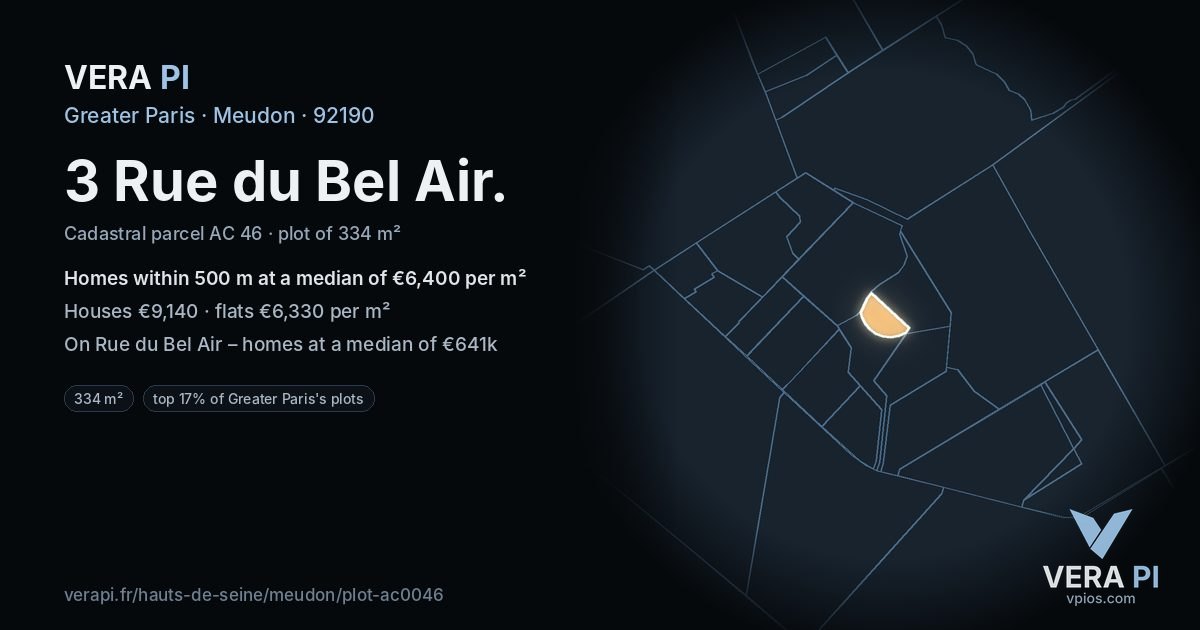 3 Rue du Bel Air, Meudon at night – the plot lit, the parcels around coloured by the prices near them