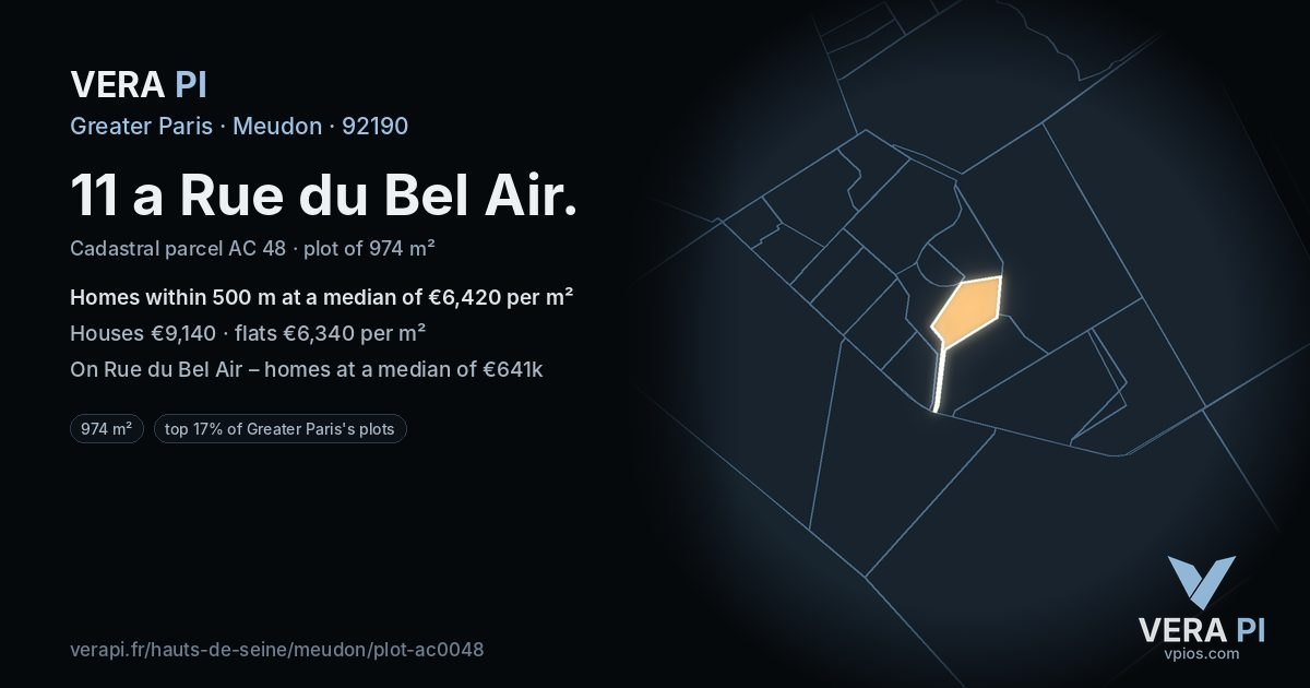 11 a Rue du Bel Air, Meudon at night – the plot lit, the parcels around coloured by the prices near them