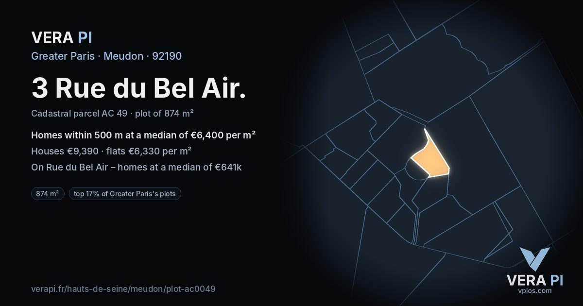 3 Rue du Bel Air, Meudon at night – the plot lit, the parcels around coloured by the prices near them