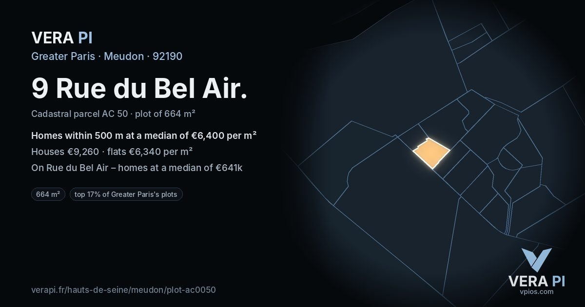 9 Rue du Bel Air, Meudon at night – the plot lit, the parcels around coloured by the prices near them