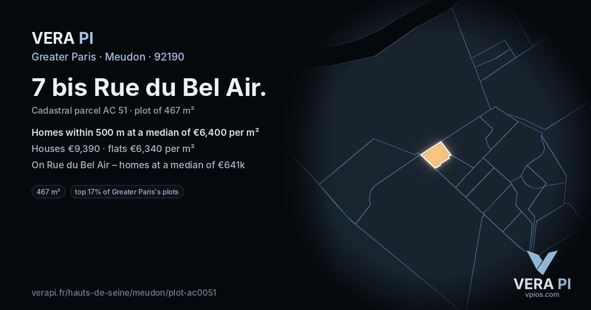 7 bis Rue du Bel Air, Meudon at night – the plot lit, the parcels around coloured by the prices near them