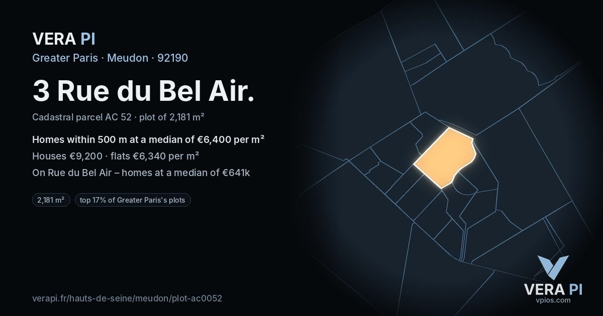 3 Rue du Bel Air, Meudon at night – the plot lit, the parcels around coloured by the prices near them