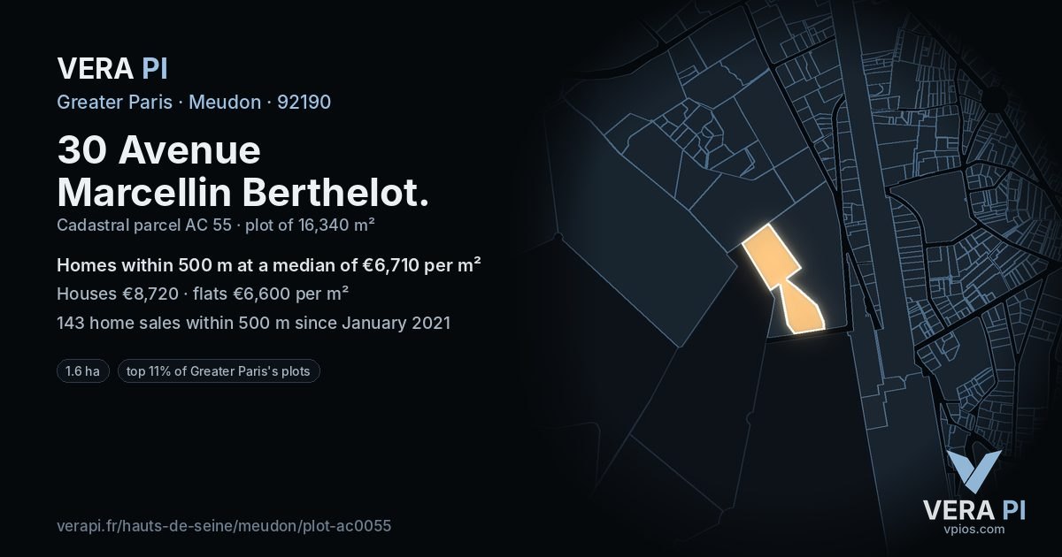 30 Avenue Marcellin Berthelot, Meudon at night – the plot lit, the parcels around coloured by the prices near them