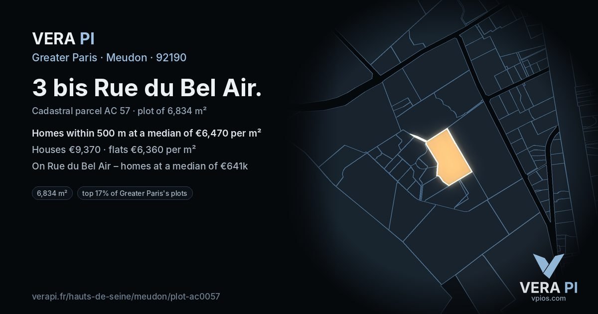 3 bis Rue du Bel Air, Meudon at night – the plot lit, the parcels around coloured by the prices near them