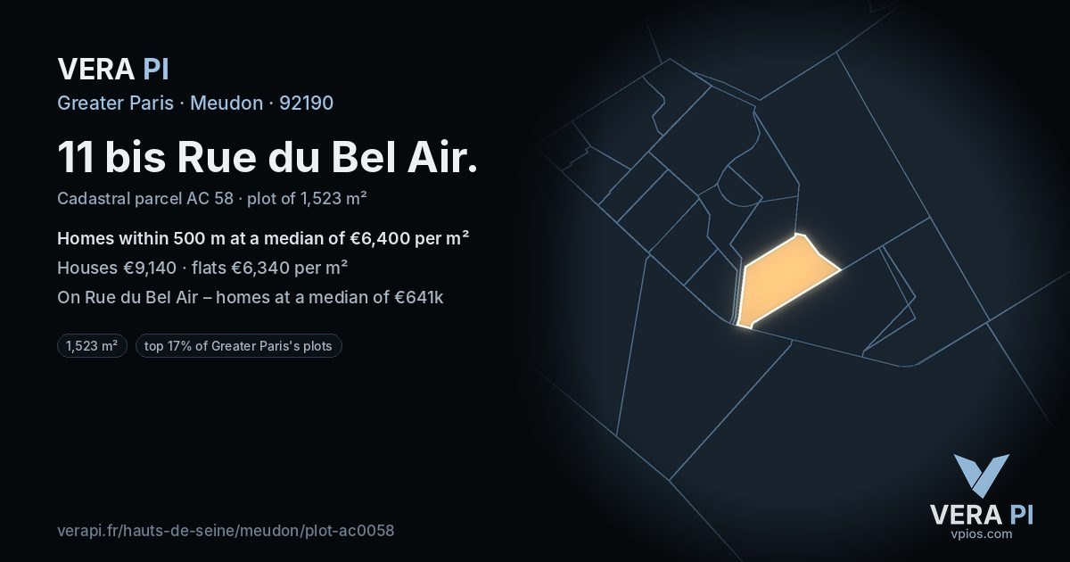 11 bis Rue du Bel Air, Meudon at night – the plot lit, the parcels around coloured by the prices near them